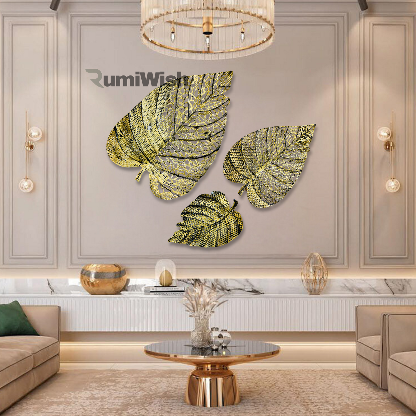 rumiwish  metal leaf (set of 3) brass antique finish wall art decorations | perfect 3d wall sculpture for living room, bedroom, drawing room & office