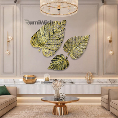 RumiWish  Metal Leaf (Set of 3) Brass Antique Finish Wall Art Decorations | Perfect 3D Wall Sculpture for Living Room, Bedroom, Drawing Room & Office