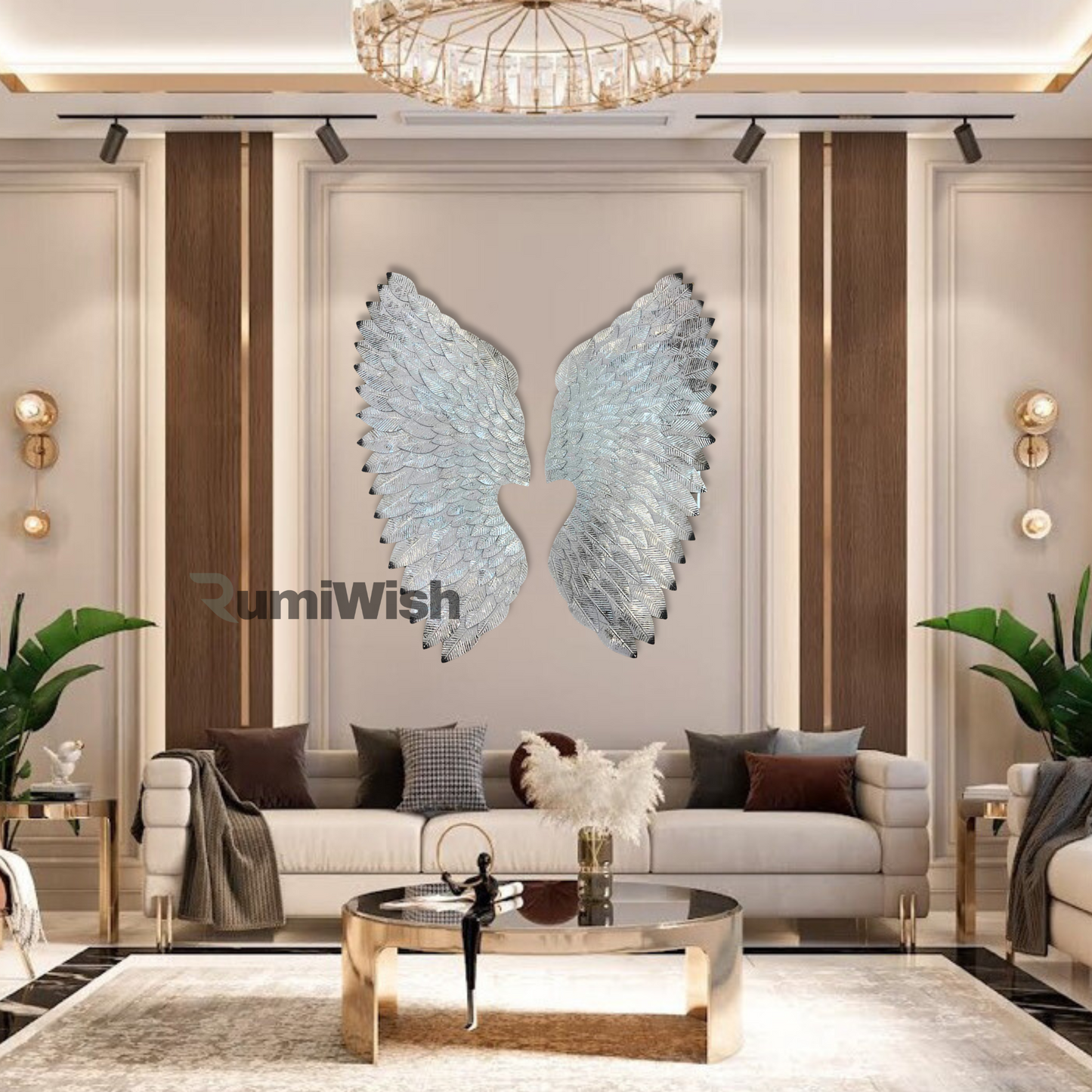 rumiwish  luxury metal angel wings set of 2 | for selfie wall hanging art | wall decor for restaurant | hotel | home | office | living room (silver & white, size:32x28inch)