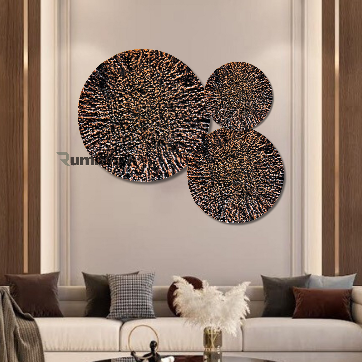 rumiwish  luxury metal plates set of 3 handcrafted wall sculpture wall art for home decoration | restaurant | office | hotel (textured with copper antique finish)