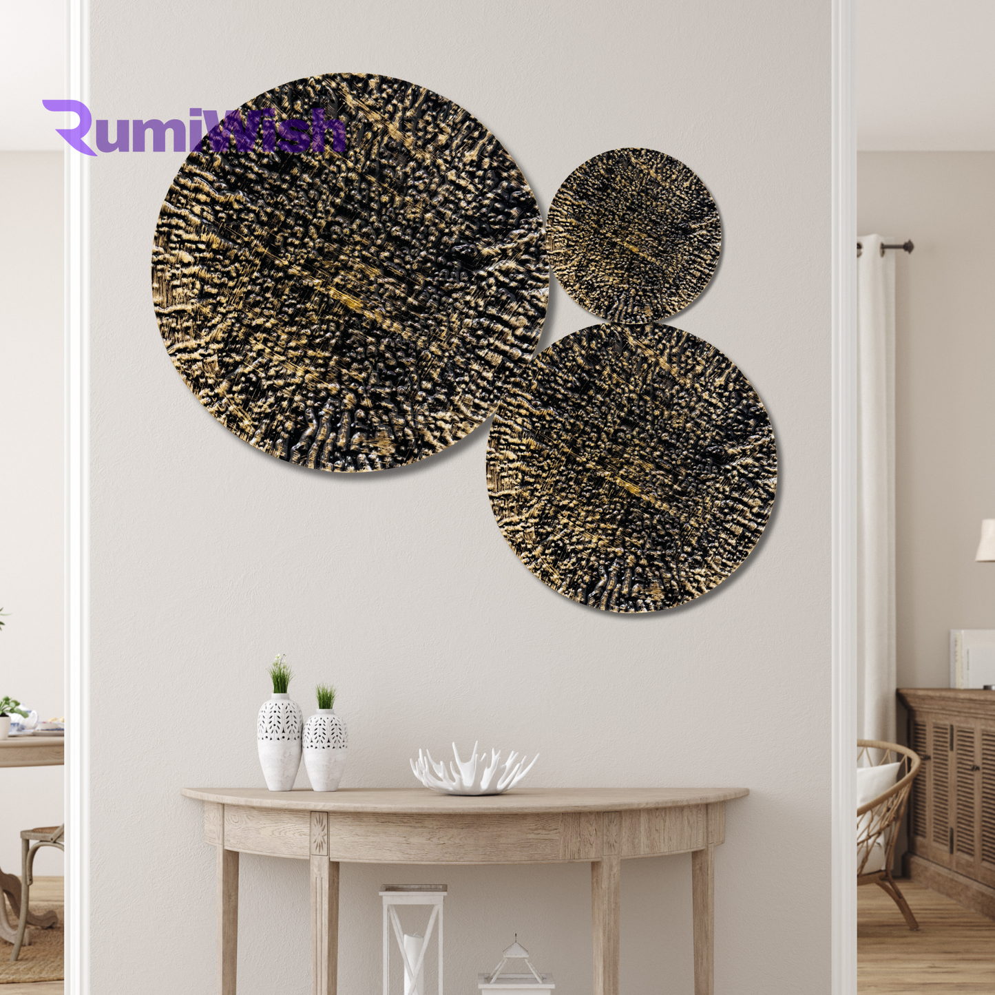 rumiwish  luxury metal plates set of 3 handcrafted wall sculpture wall art for home decoration | restaurant | office | hotel (brass antique finish)