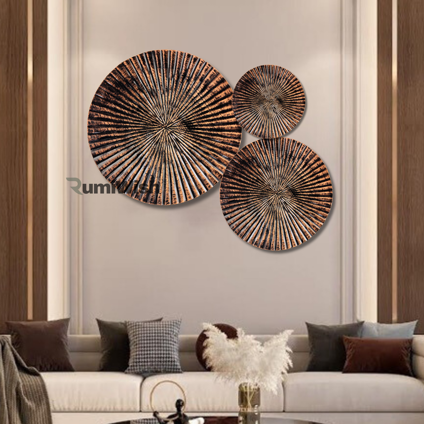 rumiwish  luxury metal plates set of 3 handcrafted wall sculpture wall art for home decoration | restaurant | office | hotel (copper antique finish)