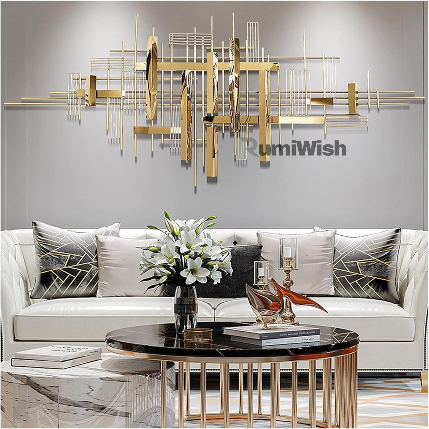 rumiwish  pvd metal wall art decorations | steel & iron combination | perfect 3d wall sculpture for living room, bedroom, drawing room & office (golden, 60x3x25inch)