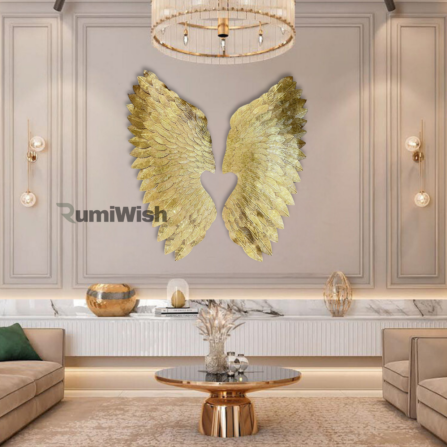 rumiwish  luxury metal angel wings set of 2 | for selfie wall hanging art | wall decor for restaurant | hotel | home | office | living room (gold, size:32x28 inch)