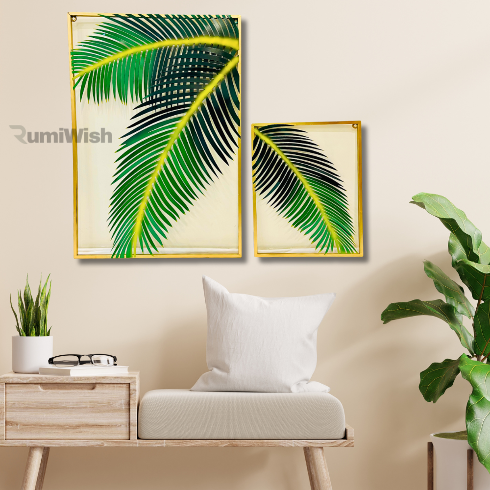 rumiwish  2 pieces metal palm leaf wall decor home art set | metal wall hanging art antique style wall decor restaurant | hotel | home | bedroom | living room (set of 2) (green)