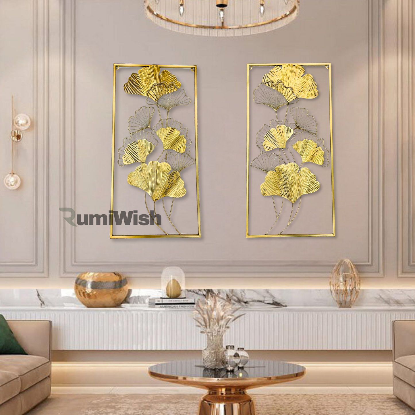 rumiwish  modern luxury metal ginkgo leaf frame (set of 2) wall art decorations | perfect 3d wall sculpture for living room, bedroom, restaurant, hotel & office