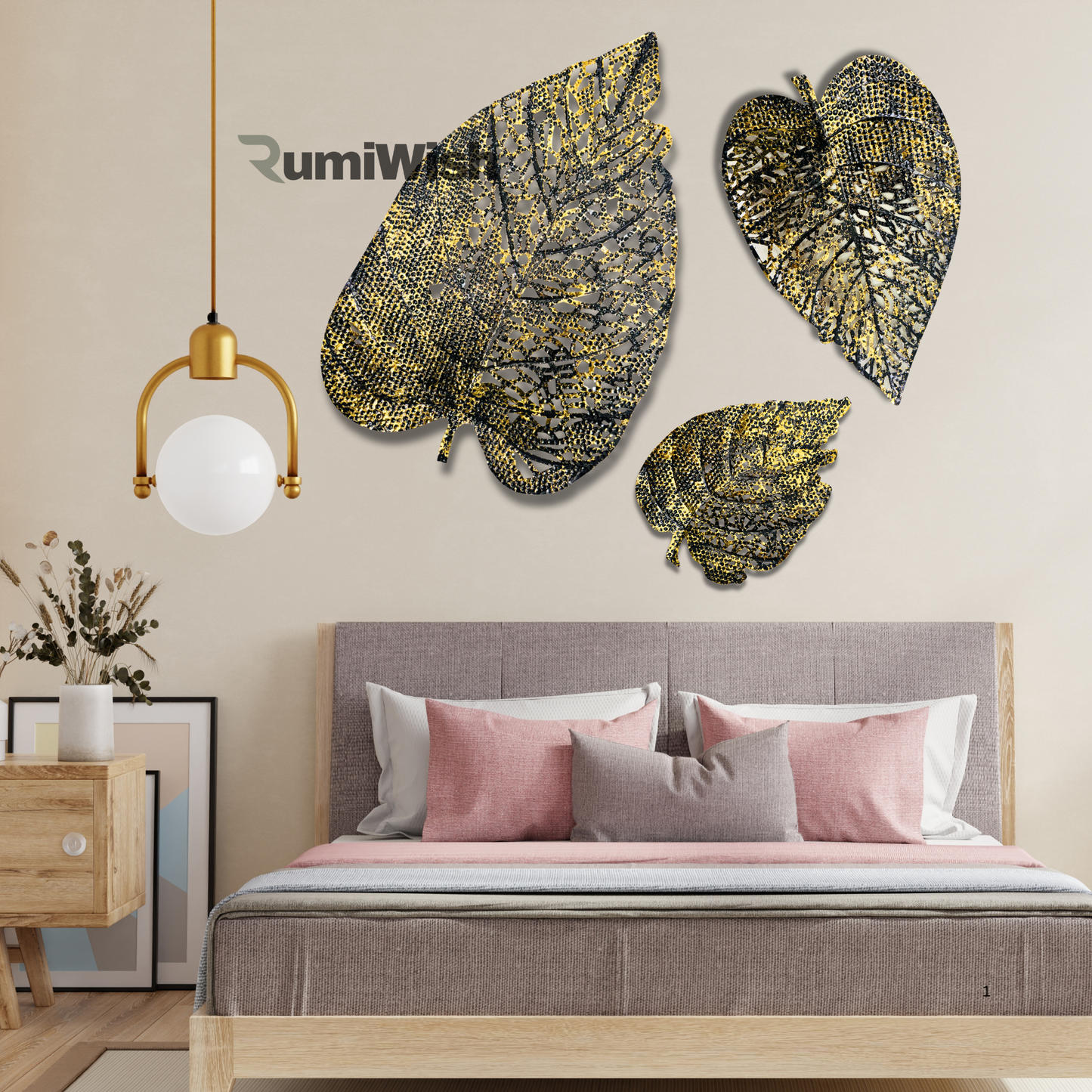 rumiwish  metal leaf (set of 3) black & golden finish wall art decorations | perfect 3d wall sculpture for living room, bedroom, restaurant, hotel & office