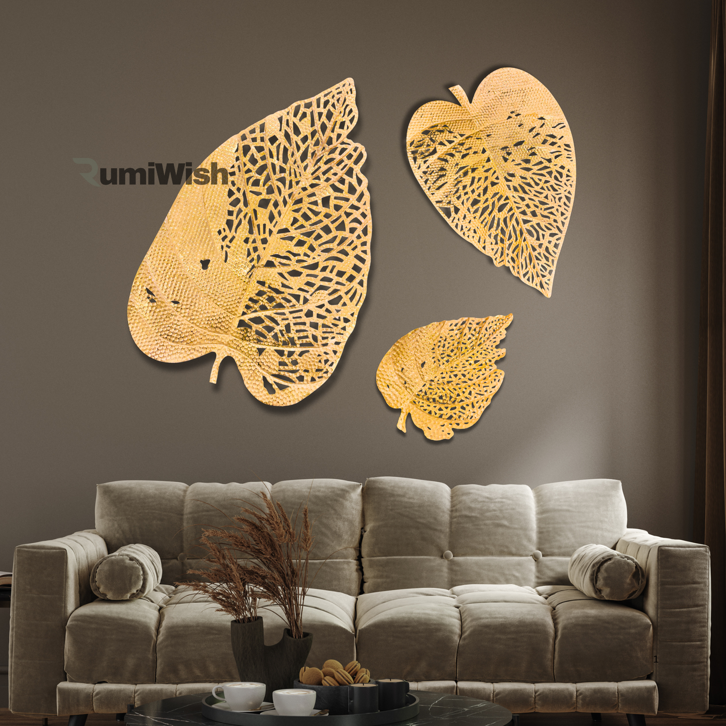 rumiwish  metal leaf (set of 3) golden finish wall art