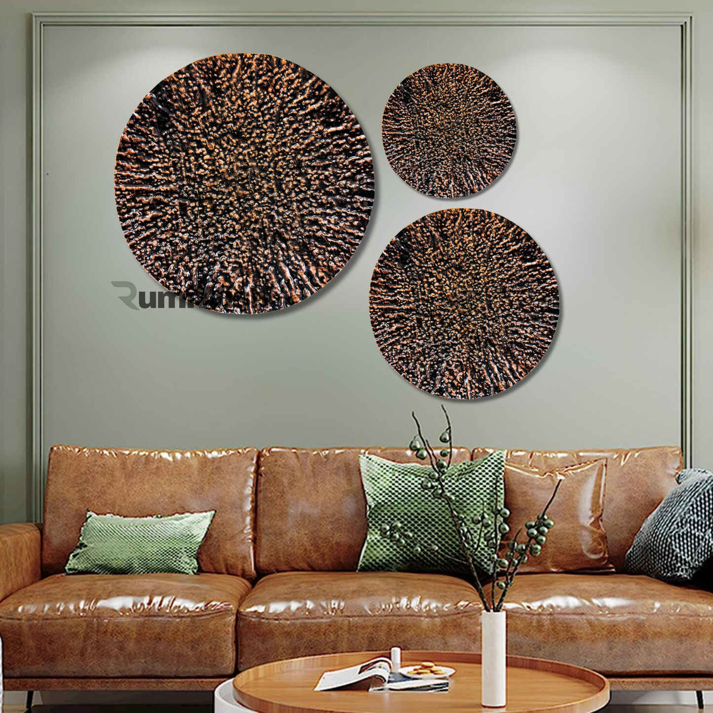 rumiwish  luxury metal plates set of 3 handcrafted wall sculpture wall art for home decoration | restaurant | office | hotel (textured with copper antique finish)