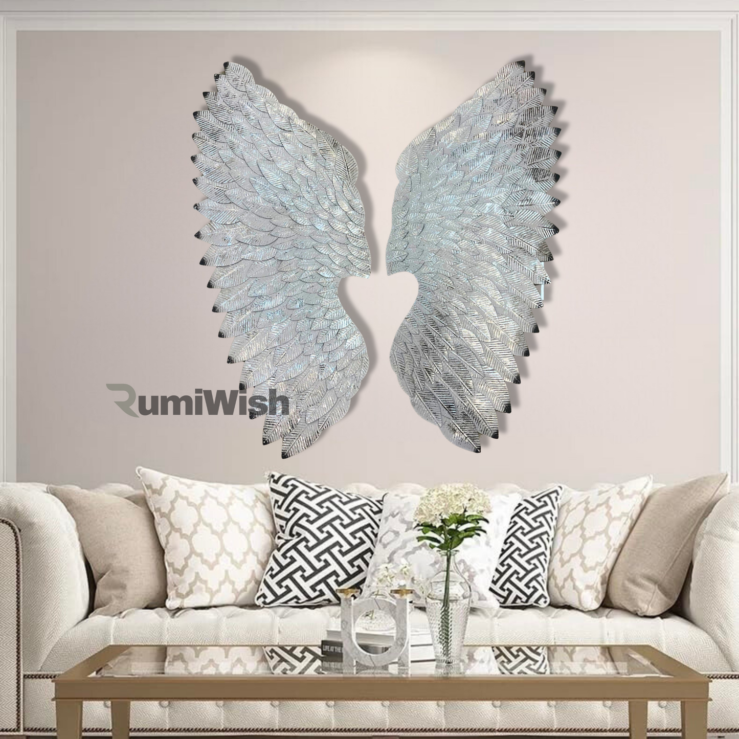 rumiwish  luxury metal angel wings set of 2 | for selfie wall hanging art | wall decor for restaurant | hotel | home | office | living room (silver & white, size:32x28inch)