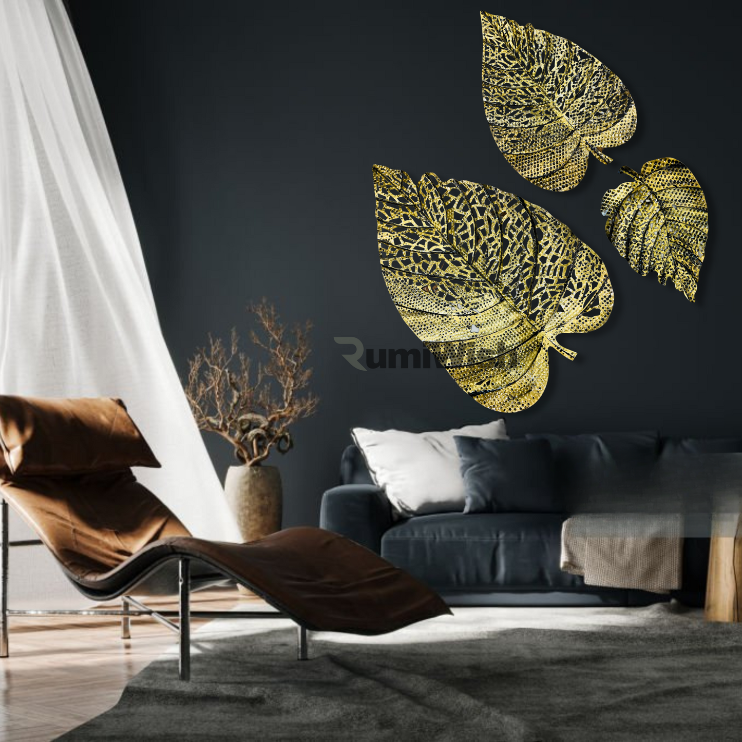 rumiwish  metal leaf (set of 3) brass antique finish wall art decorations | perfect 3d wall sculpture for living room, bedroom, drawing room & office