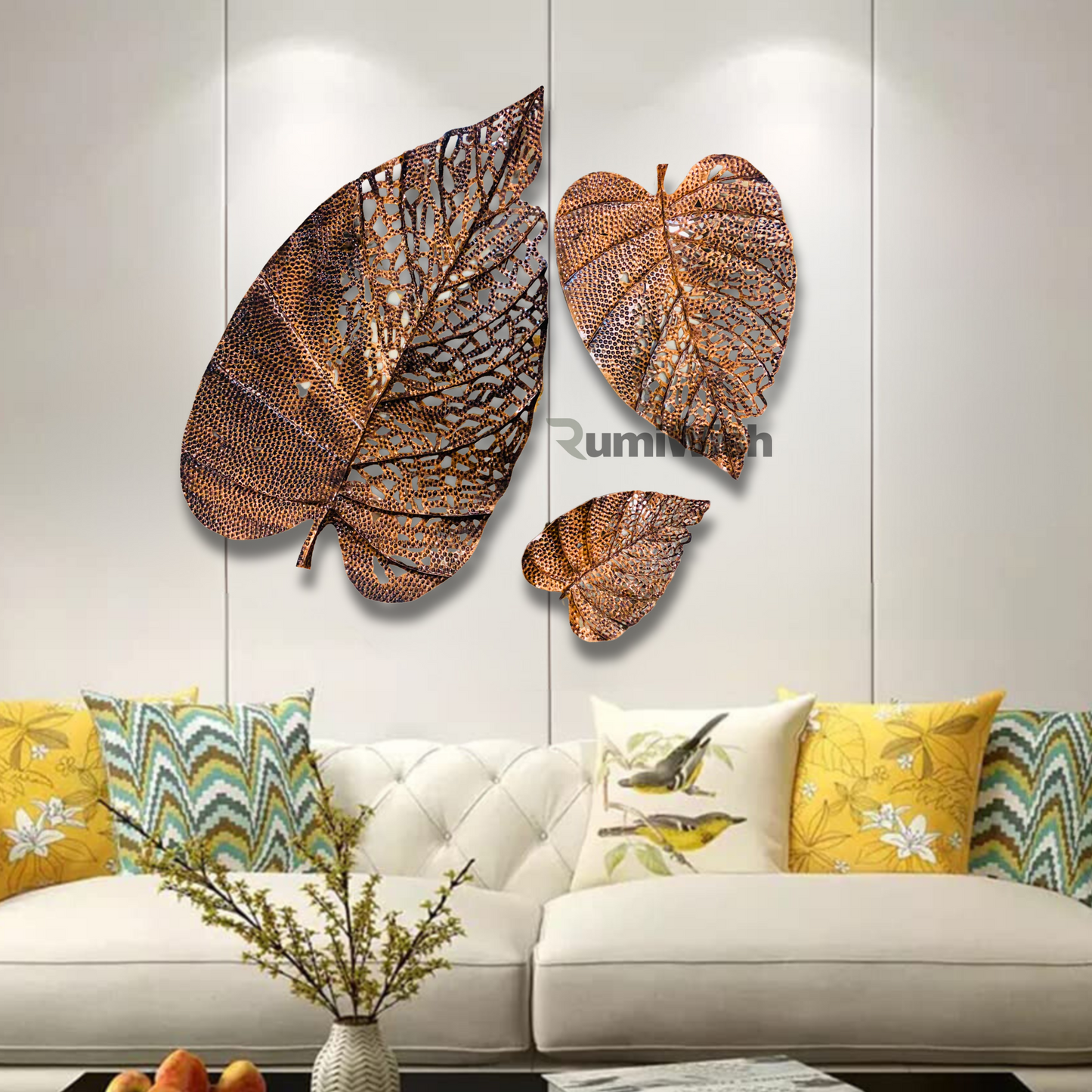 rumiwish  metal leaf (set of 3) copper antique finish wall art decorations | perfect 3d wall sculpture for living room, bedroom, restaurant, hotel & office