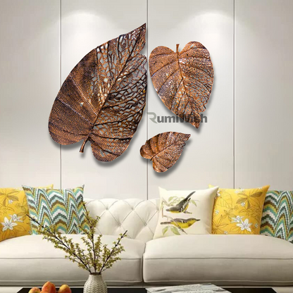 RumiWish  Metal Leaf (Set of 3) Copper Antique Finish Wall Art Decorations | Perfect 3D Wall Sculpture for Living Room, Bedroom, Restaurant, Hotel & Office