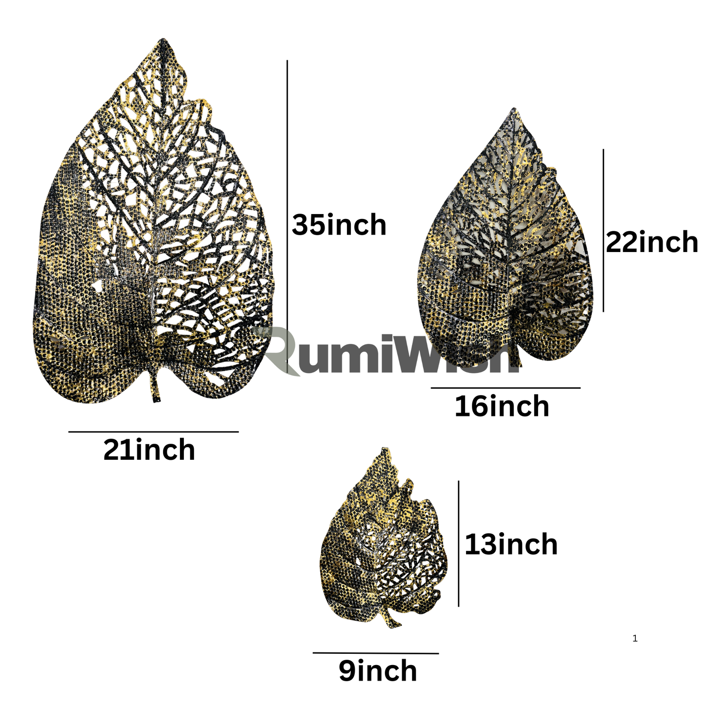 rumiwish  metal leaf (set of 3) black & golden finish wall art decorations | perfect 3d wall sculpture for living room, bedroom, restaurant, hotel & office