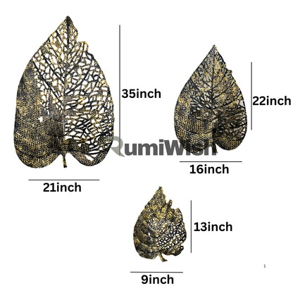 RumiWish  Metal Leaf (Set of 3) Black & Golden Finish Wall Art Decorations | Perfect 3D Wall Sculpture for Living Room, Bedroom, Restaurant, Hotel & Office