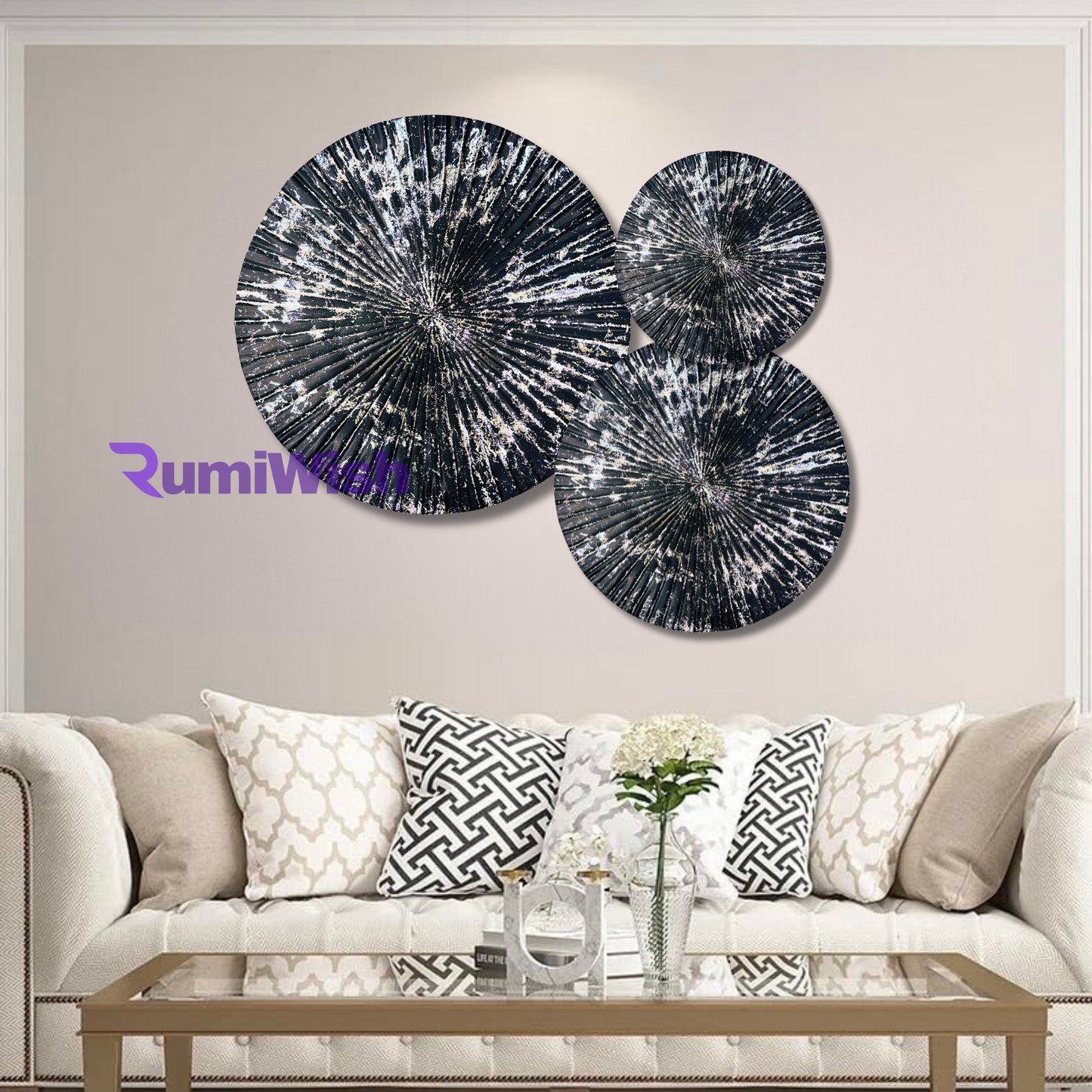 rumiwish  luxury metal plates set of 3 handcrafted wall sculpture wall art for home decoration | restaurant | office | hotel | cafe (black & silver)