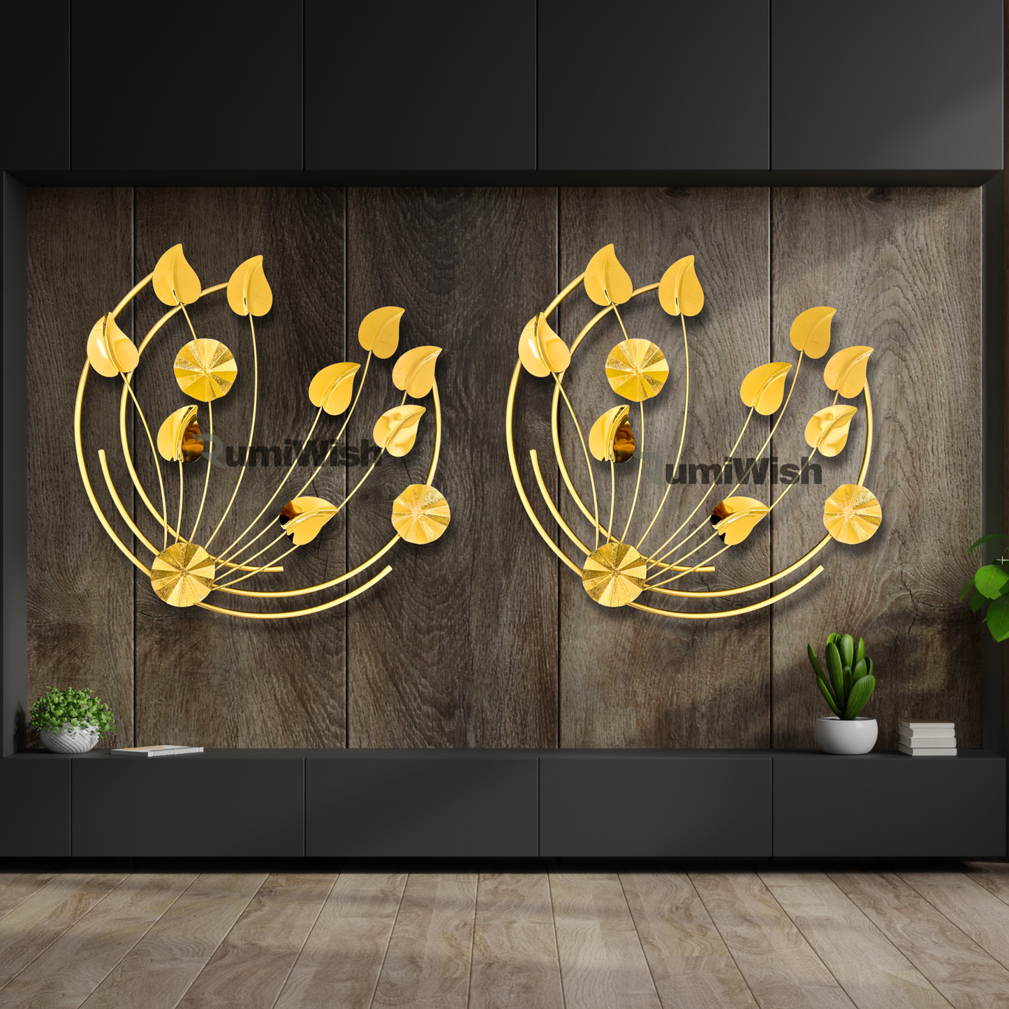 rumiwish  luxury pvd metal moon wall art decorations | steel & iron combination | 3d modern wallart for home decoration, living room, hotel, restaurant, office (golden)