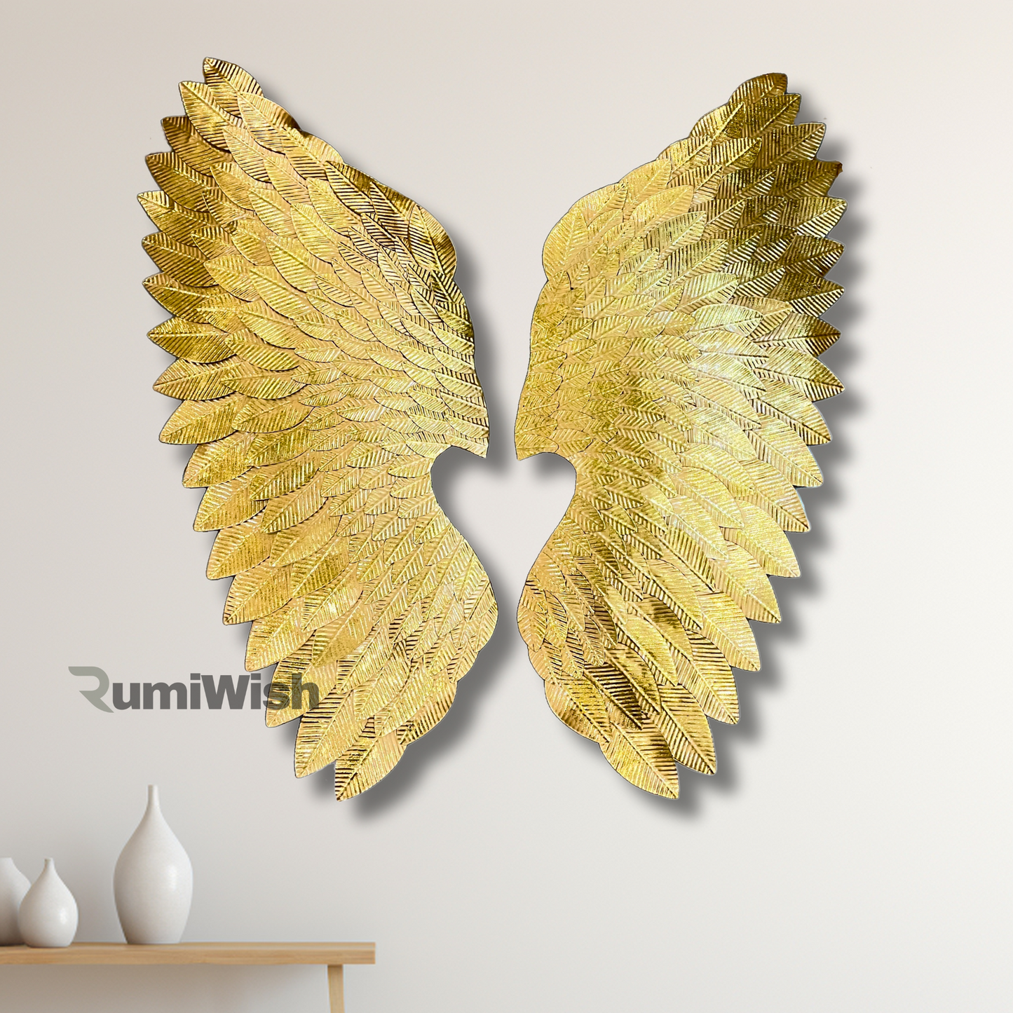 rumiwish  luxury metal angel wings set of 2 | for selfie wall hanging art | wall decor for restaurant | hotel | home | office | living room (gold, size:32x28 inch)