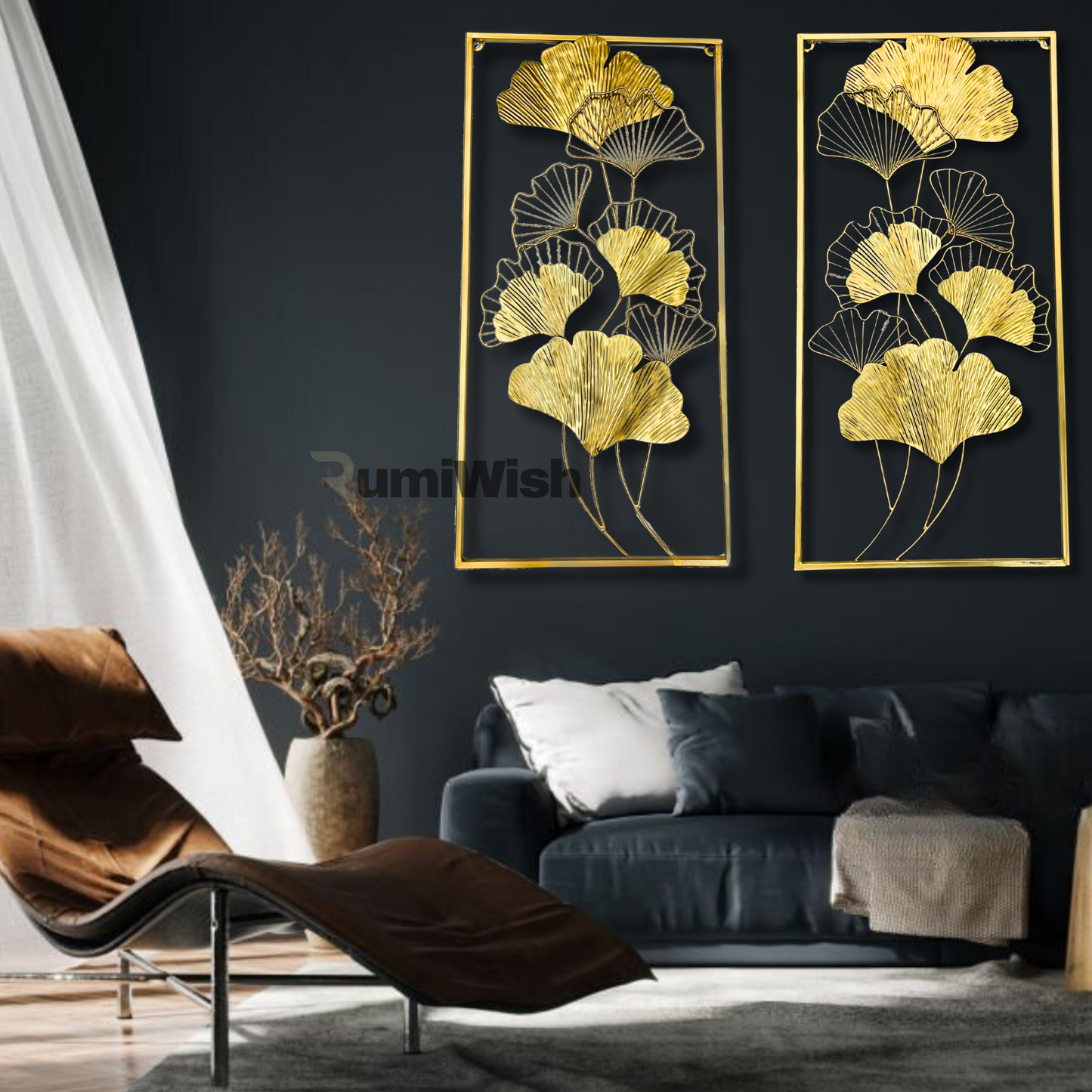 rumiwish  modern luxury metal ginkgo leaf frame (set of 2) wall art decorations | perfect 3d wall sculpture for living room, bedroom, restaurant, hotel & office