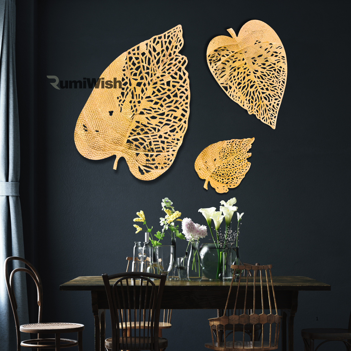 rumiwish  metal leaf (set of 3) golden finish wall art