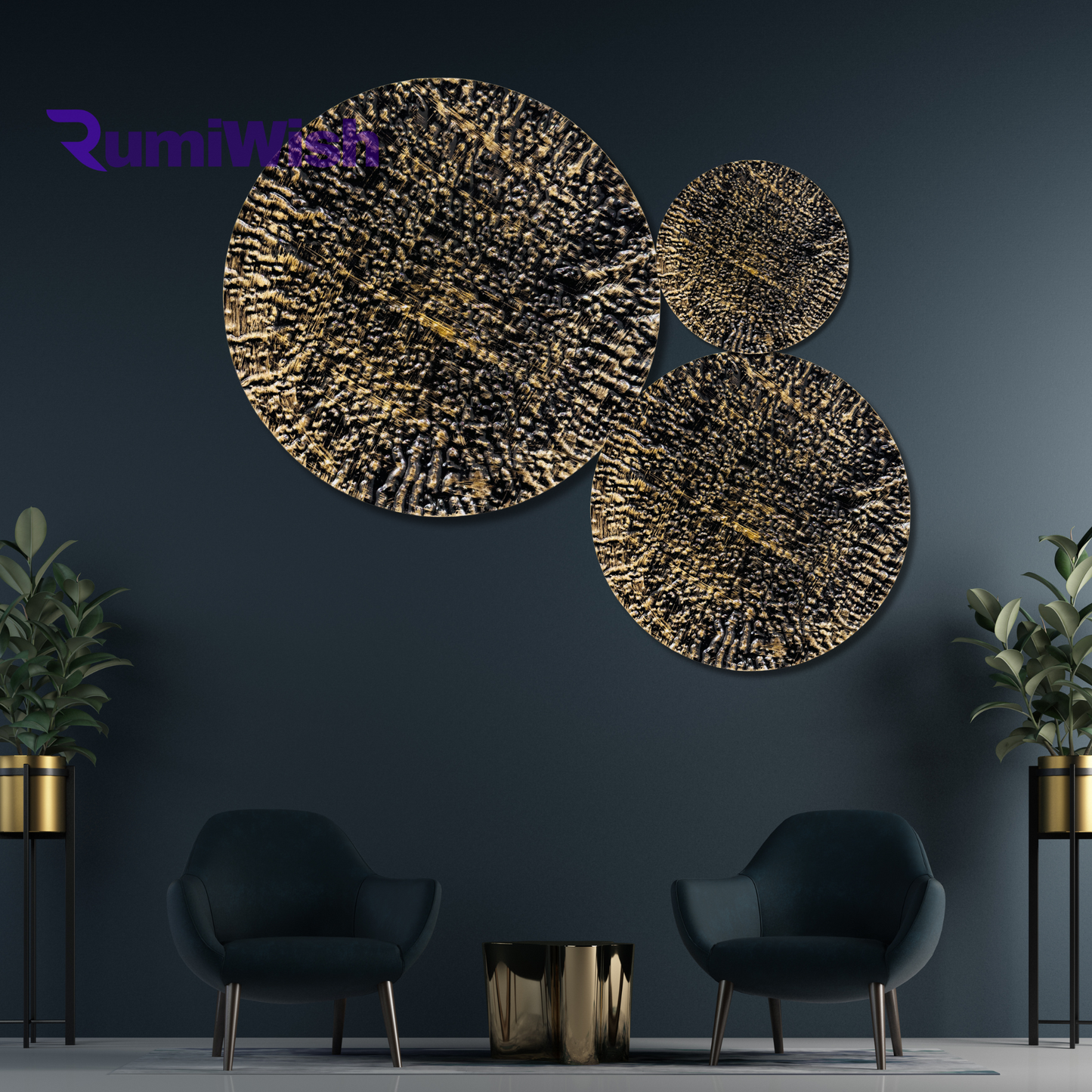 rumiwish  luxury metal plates set of 3 handcrafted wall sculpture wall art for home decoration | restaurant | office | hotel (brass antique finish)