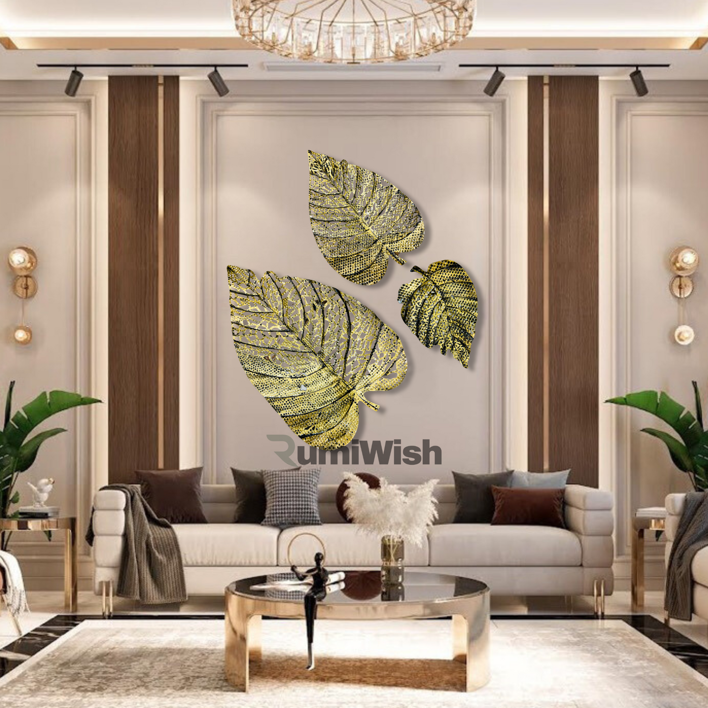 rumiwish  metal leaf (set of 3) brass antique finish wall art decorations | perfect 3d wall sculpture for living room, bedroom, drawing room & office