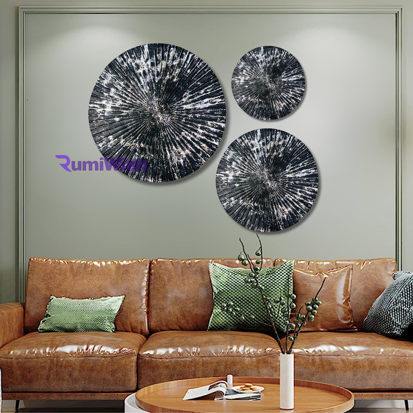 rumiwish  luxury metal plates set of 3 handcrafted wall sculpture wall art for home decoration | restaurant | office | hotel | cafe (black & silver)