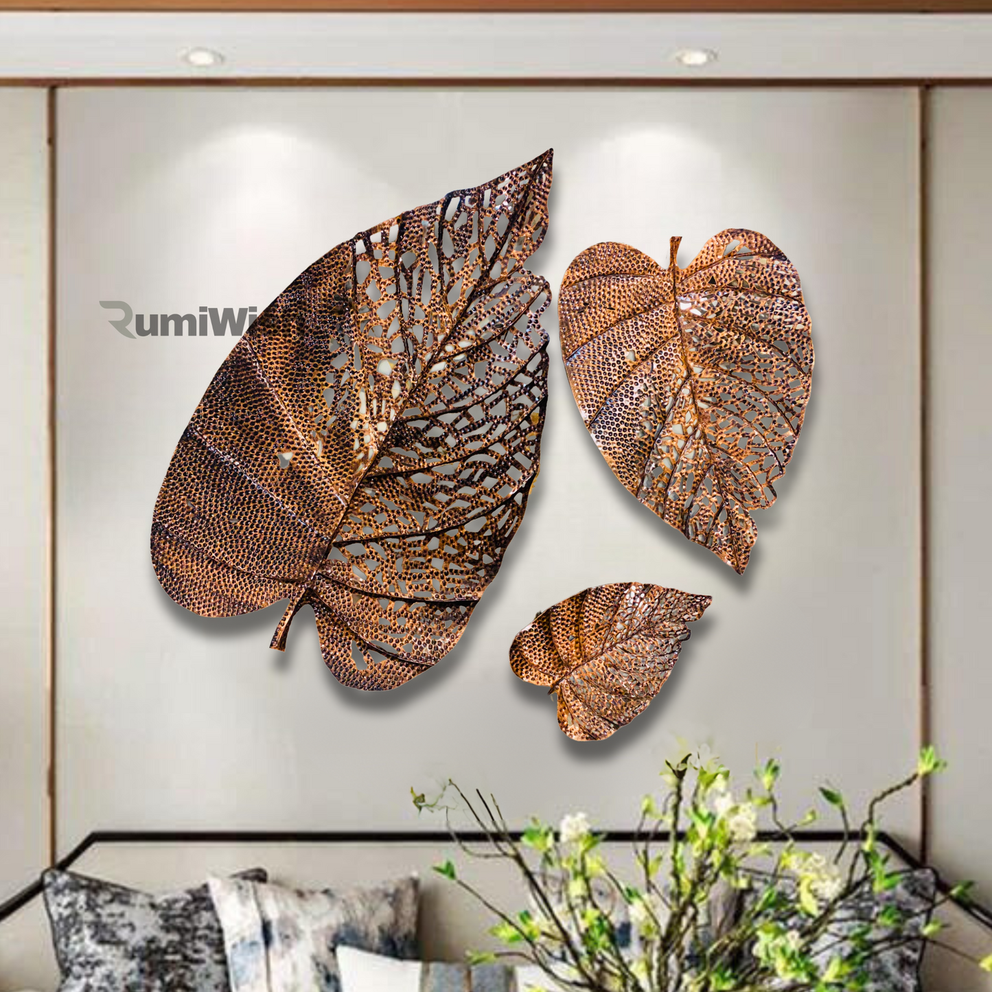 rumiwish  metal leaf (set of 3) copper antique finish wall art decorations | perfect 3d wall sculpture for living room, bedroom, restaurant, hotel & office