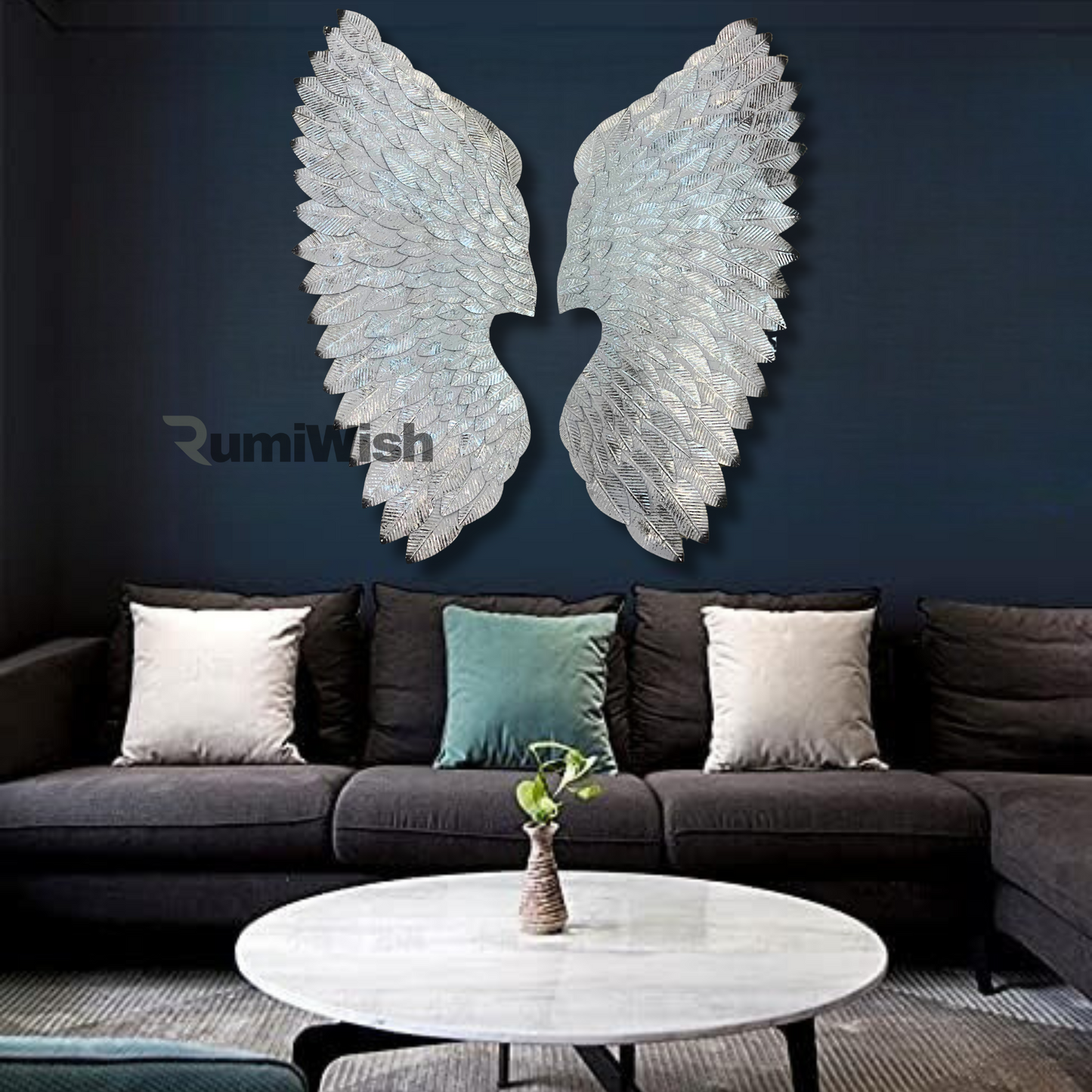 rumiwish  luxury metal angel wings set of 2 | for selfie wall hanging art | wall decor for restaurant | hotel | home | office | living room (silver & white, size:32x28inch)