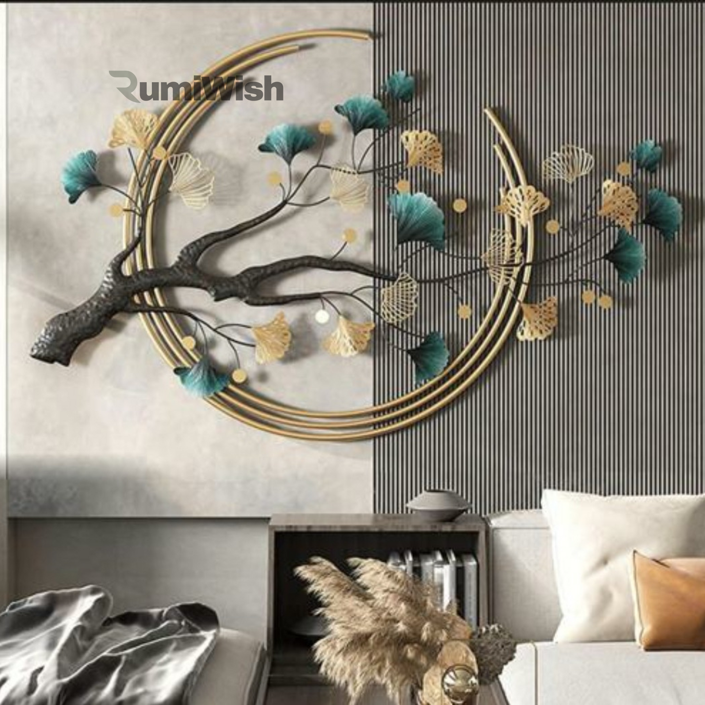 rumiwish  ginkgo tree leaf metal wall art decorations|modern luxury metal wall nature art decor,|perfect 3d wall sculpture (brown,gold&green,40x25x2inch)