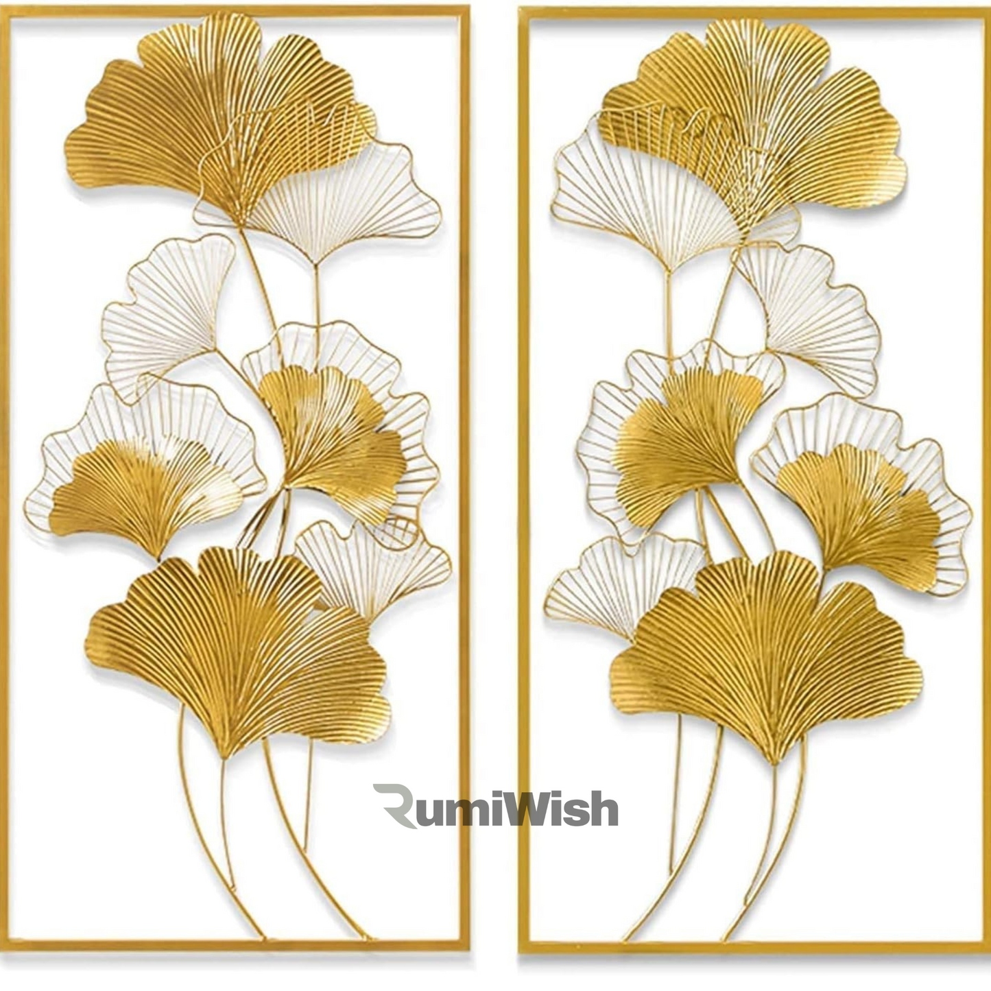 rumiwish  modern luxury metal ginkgo leaf frame (set of 2) wall art decorations | perfect 3d wall sculpture for living room, bedroom, restaurant, hotel & office