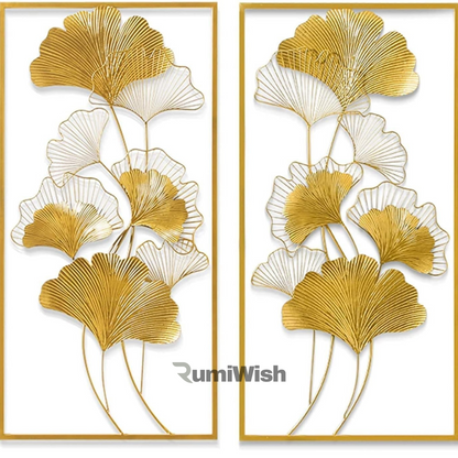 RumiWish  Modern Luxury Metal Ginkgo Leaf Frame (Set of 2) Wall Art Decorations | Perfect 3D Wall Sculpture for Living Room, Bedroom, Restaurant, Hotel & Office