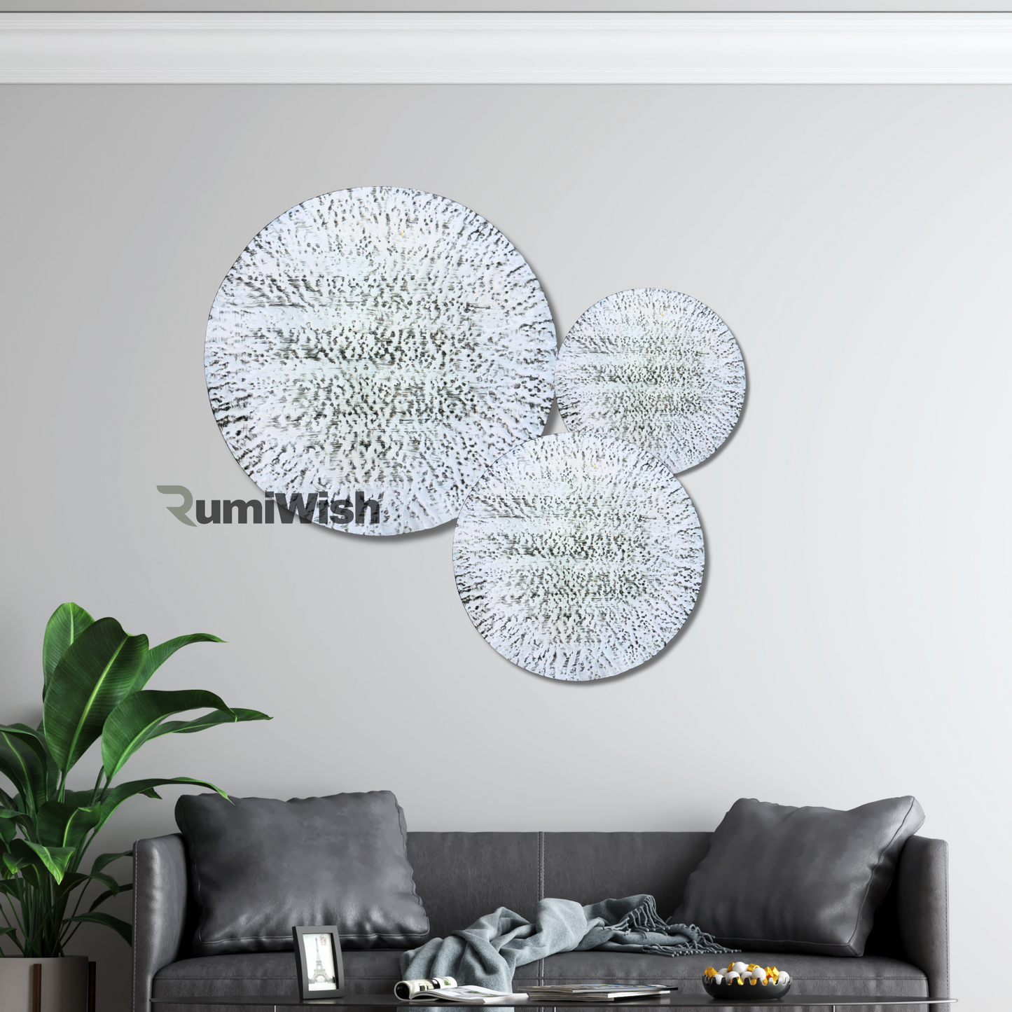 rumiwish  luxury metal plates set of 3 handcrafted wall sculpture wall art for home decoration | restaurant | office | hotel (white antique finish)