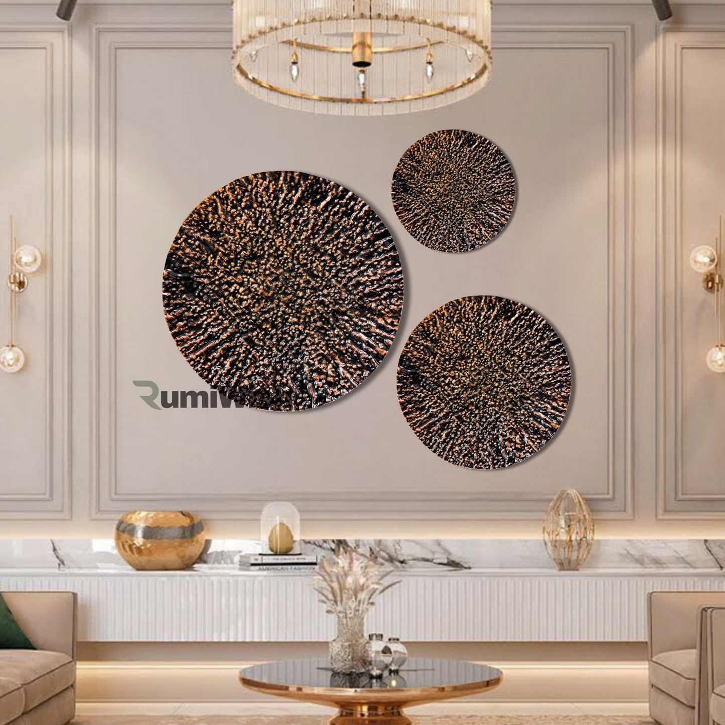 rumiwish  luxury metal plates set of 3 handcrafted wall sculpture wall art for home decoration | restaurant | office | hotel (textured with copper antique finish)