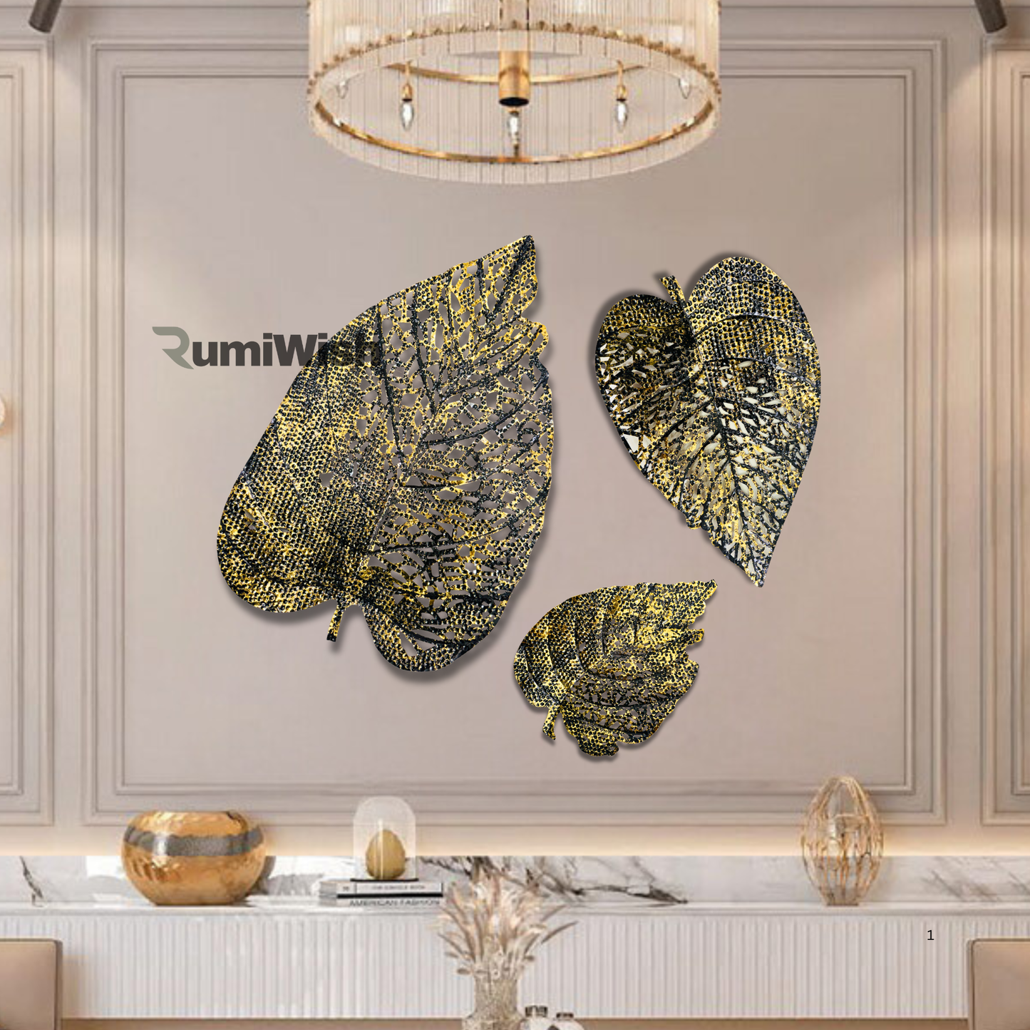 rumiwish  metal leaf (set of 3) black & golden finish wall art decorations | perfect 3d wall sculpture for living room, bedroom, restaurant, hotel & office