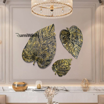 RumiWish  Metal Leaf (Set of 3) Black & Golden Finish Wall Art Decorations | Perfect 3D Wall Sculpture for Living Room, Bedroom, Restaurant, Hotel & Office