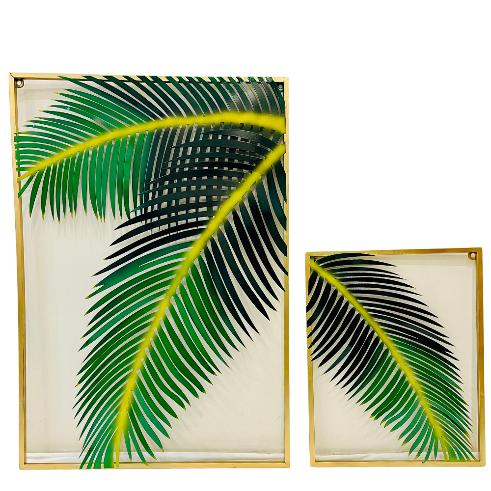 rumiwish  2 pieces metal palm leaf wall decor home art set | metal wall hanging art antique style wall decor restaurant | hotel | home | bedroom | living room (set of 2) (green)