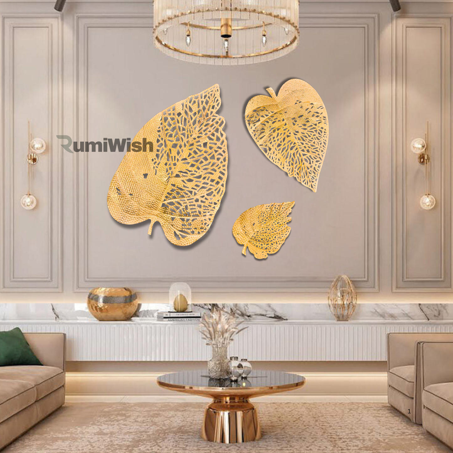 rumiwish  metal leaf (set of 3) golden finish wall art