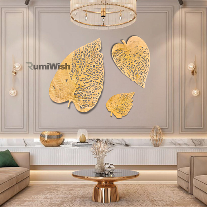 RumiWish  Metal Leaf (Set of 3) Golden Finish Wall Art