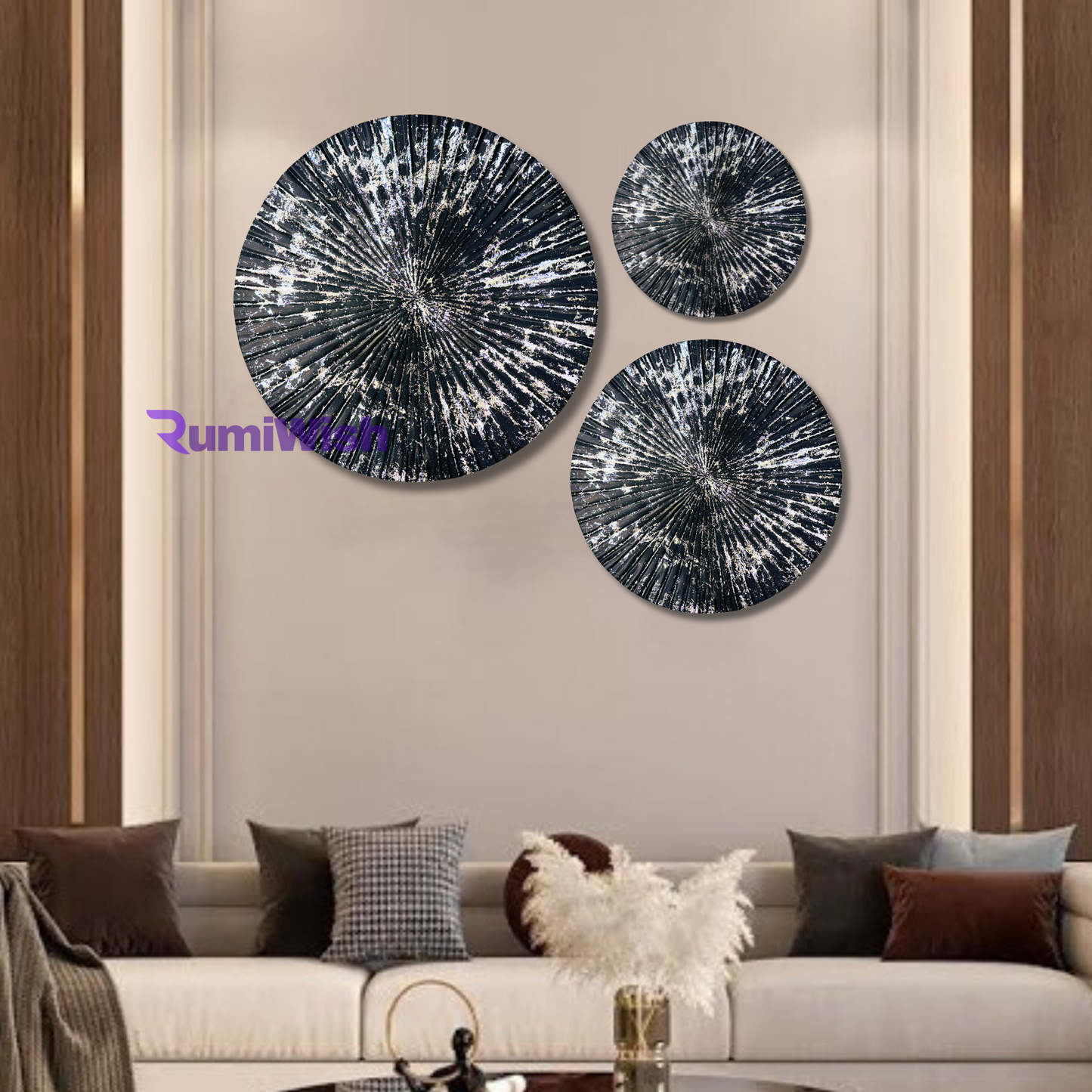 rumiwish  luxury metal plates set of 3 handcrafted wall sculpture wall art for home decoration | restaurant | office | hotel | cafe (black & silver)