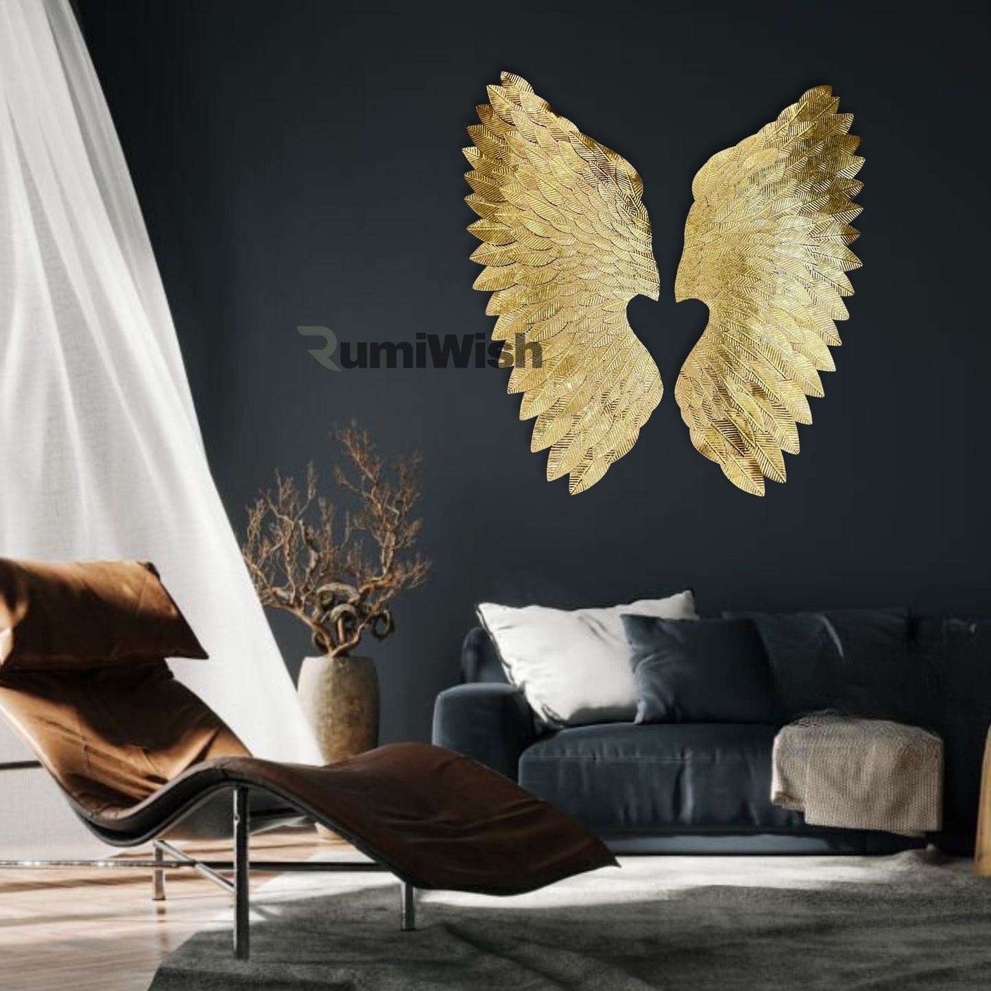 rumiwish  luxury metal angel wings set of 2 | for selfie wall hanging art | wall decor for restaurant | hotel | home | office | living room (gold, size:32x28 inch)