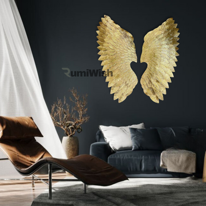 RumiWish  Luxury Metal Angel Wings Set of 2 | For Selfie Wall Hanging Art | Wall Decor For Restaurant | Hotel | Home | Office | Living Room (Gold, Size:32x28 inch)