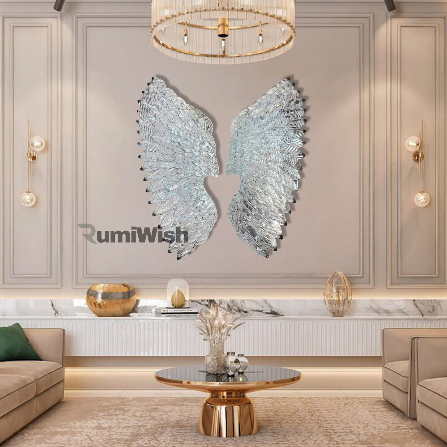 rumiwish  luxury metal angel wings set of 2 | for selfie wall hanging art | wall decor for restaurant | hotel | home | office | living room (silver & white, size:32x28inch)