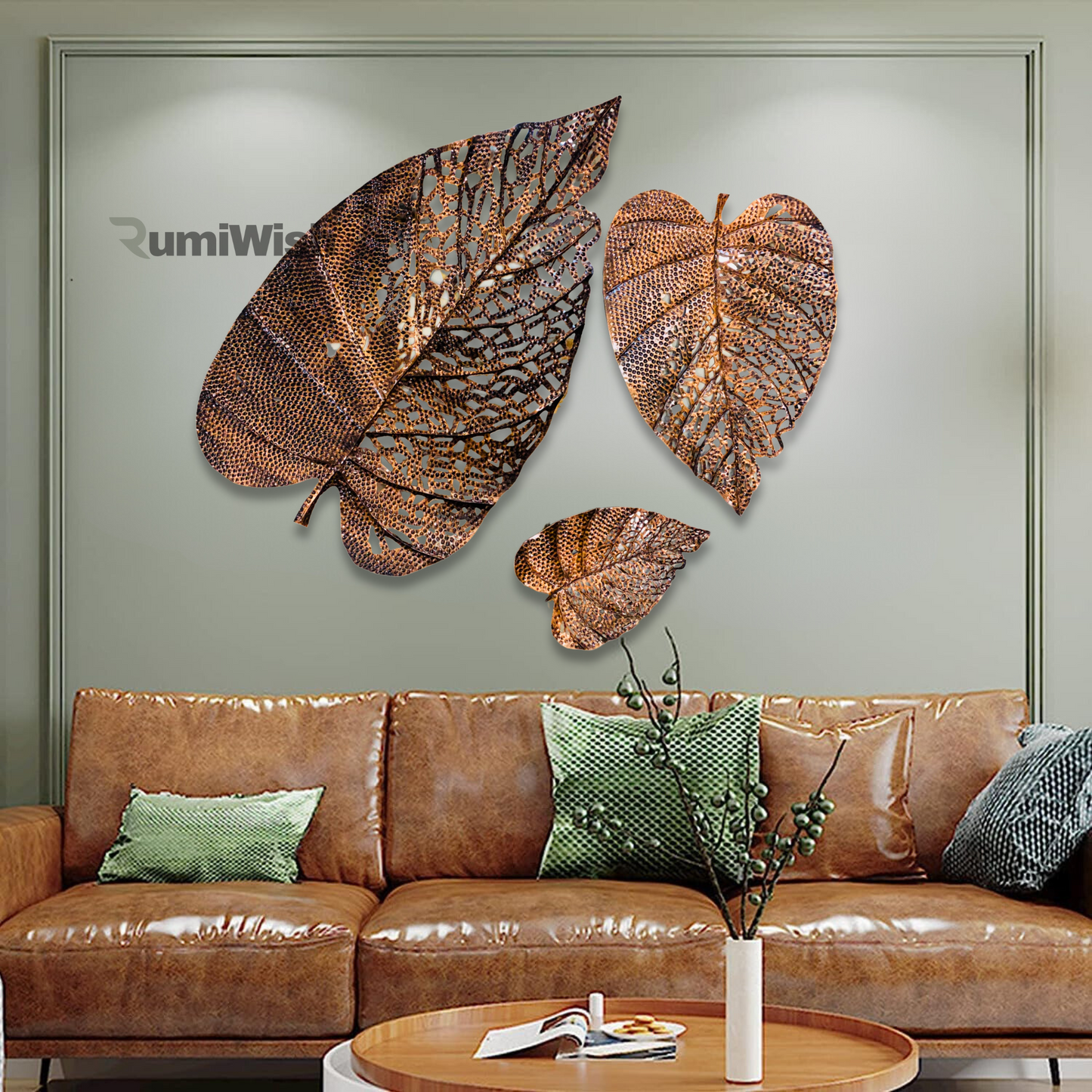 rumiwish  metal leaf (set of 3) copper antique finish wall art decorations | perfect 3d wall sculpture for living room, bedroom, restaurant, hotel & office