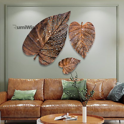 RumiWish  Metal Leaf (Set of 3) Copper Antique Finish Wall Art Decorations | Perfect 3D Wall Sculpture for Living Room, Bedroom, Restaurant, Hotel & Office