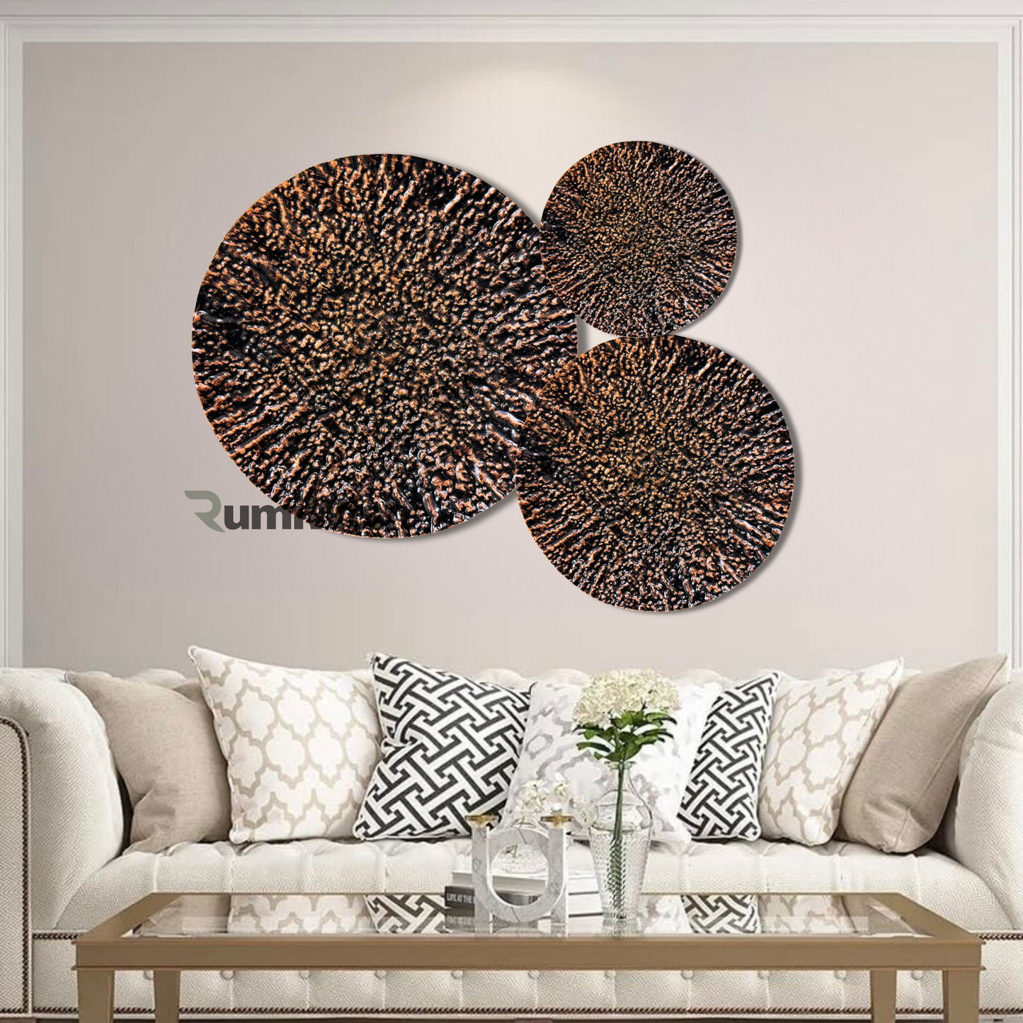 rumiwish  luxury metal plates set of 3 handcrafted wall sculpture wall art for home decoration | restaurant | office | hotel (textured with copper antique finish)