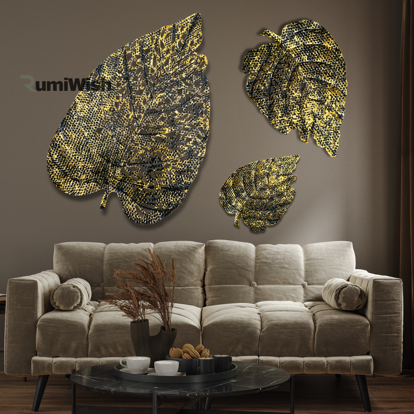 rumiwish  metal leaf (set of 3) black & golden finish wall art decorations | perfect 3d wall sculpture for living room, bedroom, restaurant, hotel & office