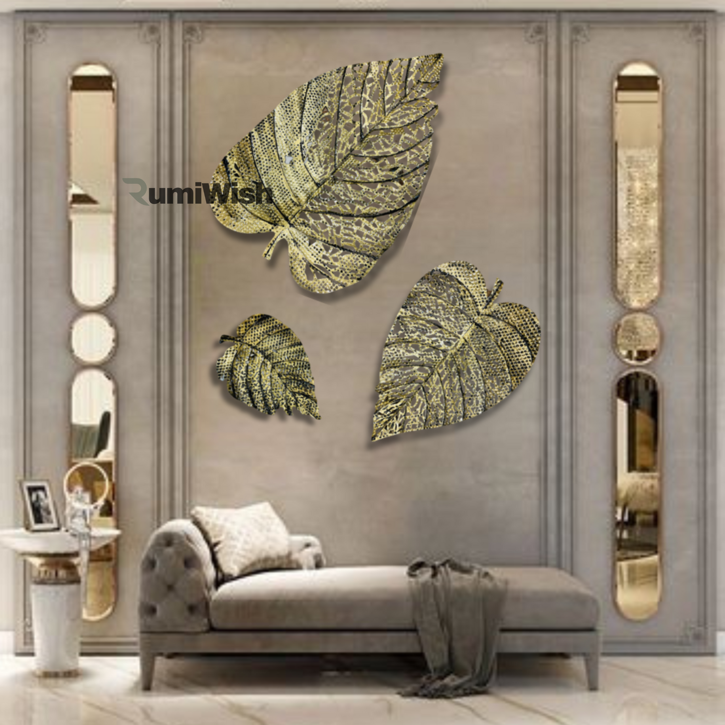 rumiwish  metal leaf (set of 3) brass antique finish wall art decorations | perfect 3d wall sculpture for living room, bedroom, drawing room & office