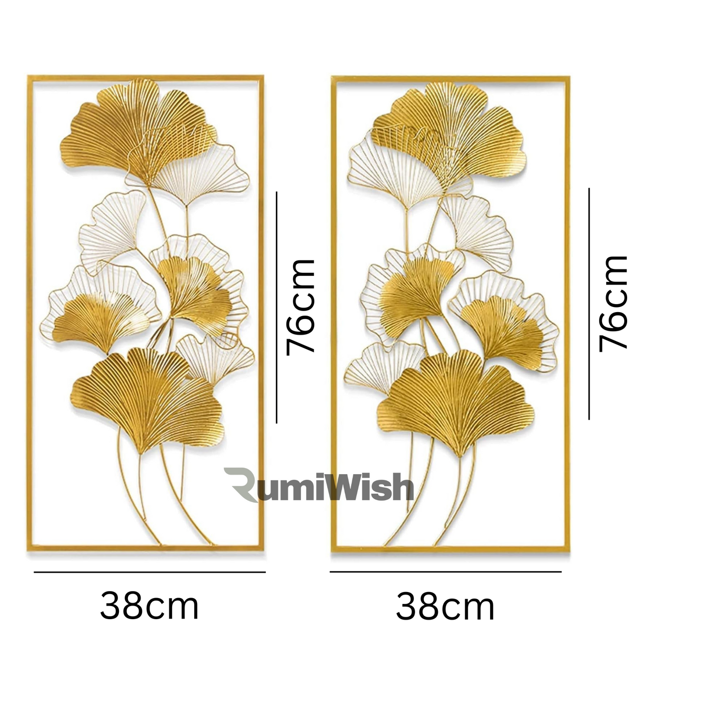 rumiwish  modern luxury metal ginkgo leaf frame (set of 2) wall art decorations | perfect 3d wall sculpture for living room, bedroom, restaurant, hotel & office