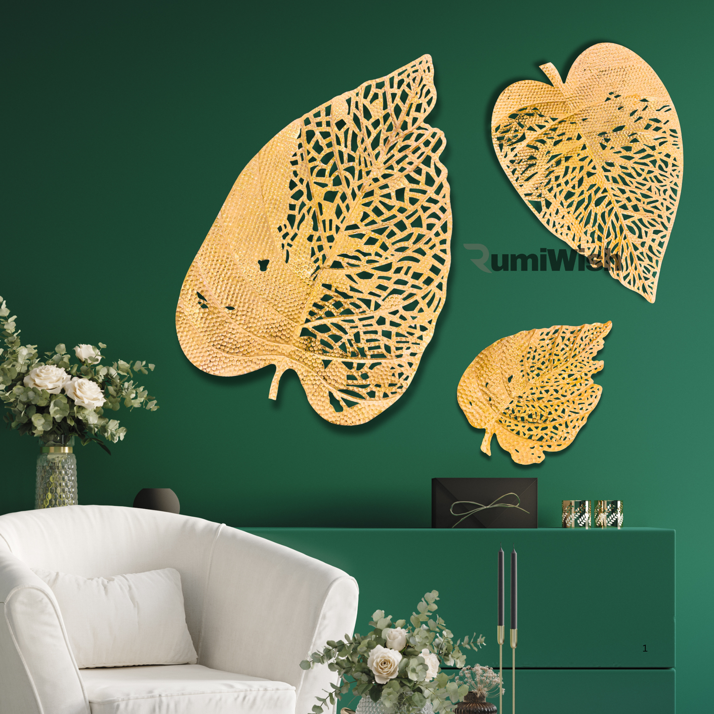 rumiwish  metal leaf (set of 3) golden finish wall art